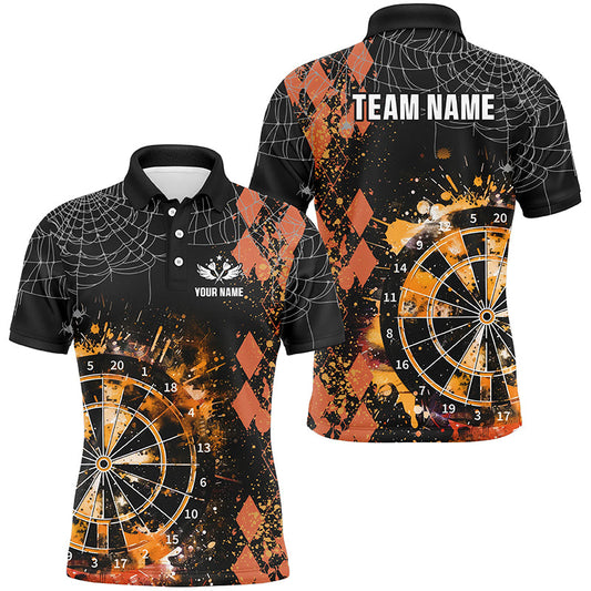 Individuelles Oranges Grunge-Argyle-Muster-Dart-Poloshirt für Herren, Halloween-Dart-Teamtrikot TDM2732
