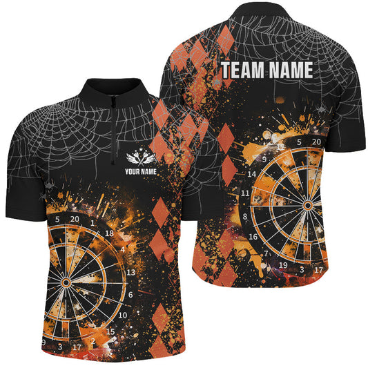 Individuelles Oranges Grunge Argyle Muster Dart Herren Shirt mit Viertelreißverschluss, Halloween Dart Trikot Team TDM2732