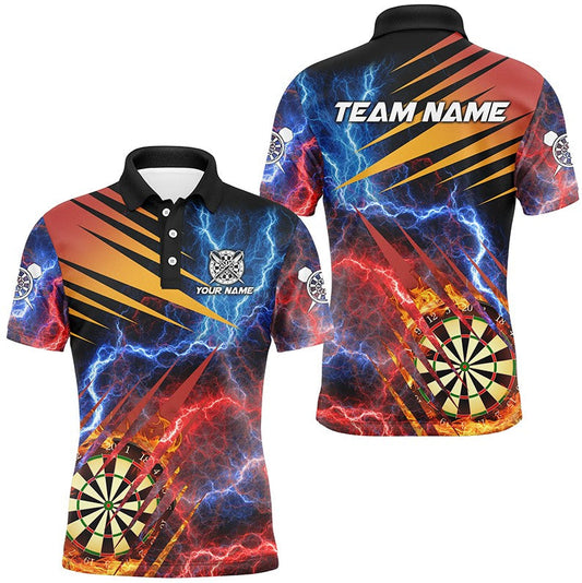 Individuelles blaues und rotes Thunder-Lightning-Dart-Poloshirt für Herren, Fire Flame Team-Darttrikot TDM2979
