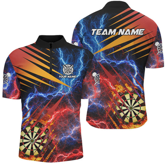 Blau und Rotes Donner Blitz Individuelles Dart Herren Shirt mit Viertelreißverschluss, Fire Flame Team Dart Trikot TDM2979