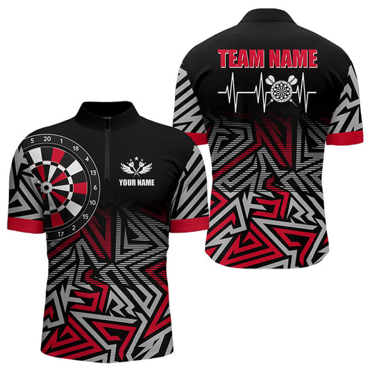 Individuelles Darts Herzschlag Zick-Zack Muster Dart Herren Shirt mit Viertelreißverschluss, Rotes Team Dart Trikot TDM3228