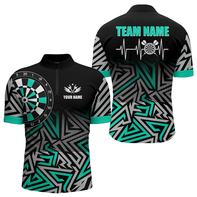 Individuelles Darts Herzschlag Zick-Zack Muster Dart Herren Shirt mit Viertelreißverschluss, Türkises Dart Trikot TDM3229