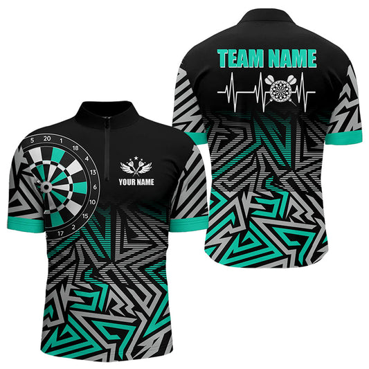 Individuelles Darts Herzschlag Zick-Zack Muster Dart Herren Shirt mit Viertelreißverschluss, Türkises Dart Trikot TDM3229