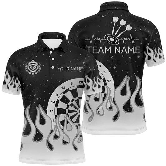 Individuelles Grau-Schwarzes Dartbrett-Feuerflamme-Dart-Poloshirt für Herren, Dart-Teamtrikot TDM2739