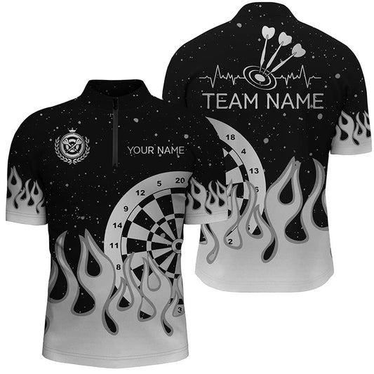 Individuelles Graues Schwarzes Dartboard Fire Flame Dart Herren Shirt mit Viertelreißverschluss, Team Dart Trikot TDM2739