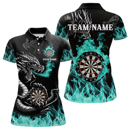 Personalisiertes Türkisfarbenes Flaming-Dragon Dartshirt Für Damen – Teamtrikot Polo & 1/4 Zip TDM4592