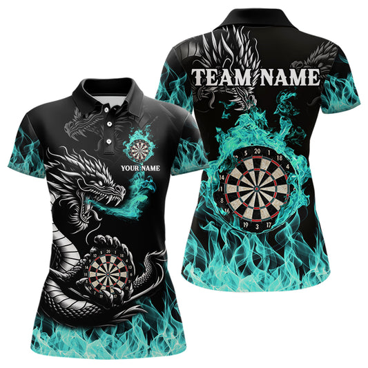 Personalisiertes Türkisfarbenes Flaming-Dragon Dartshirt Für Damen – Teamtrikot Polo & 1/4 Zip TDM4592