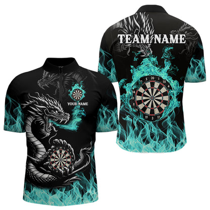 Personalisiertes Türkisfarbenes Flaming-Dragon Dartshirt Für Herren – Teamtrikot Polo & 1/4 Zip TDM4592