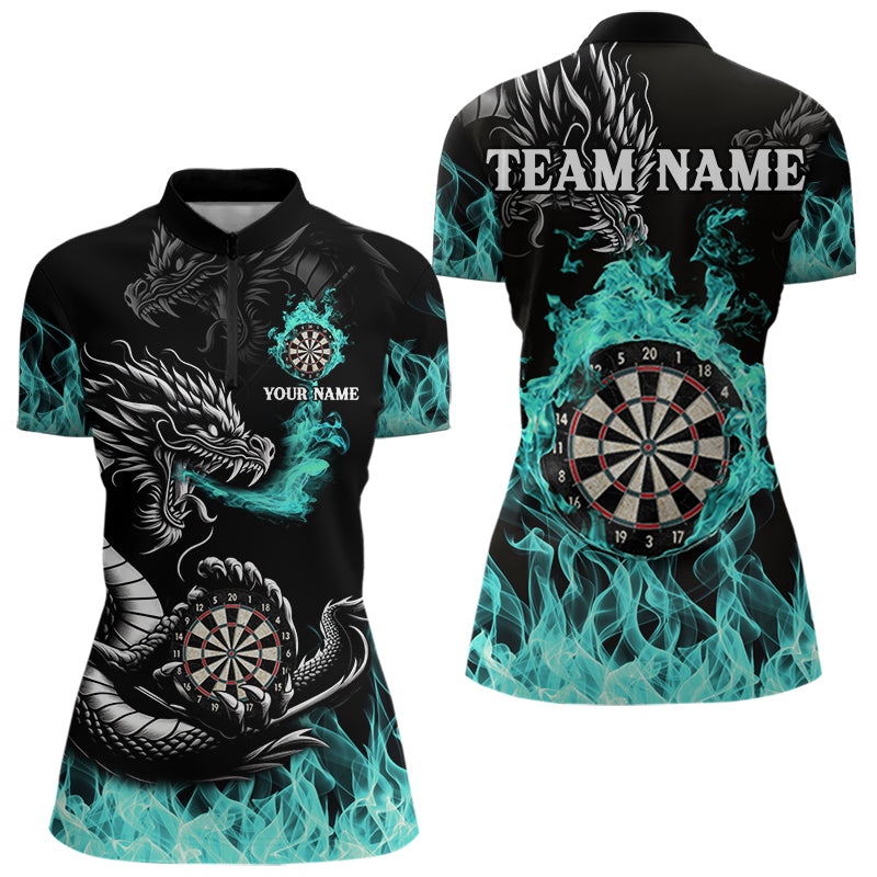 Personalisiertes Türkisfarbenes Flaming-Dragon Dartshirt Für Damen – Teamtrikot Polo & 1/4 Zip TDM4592