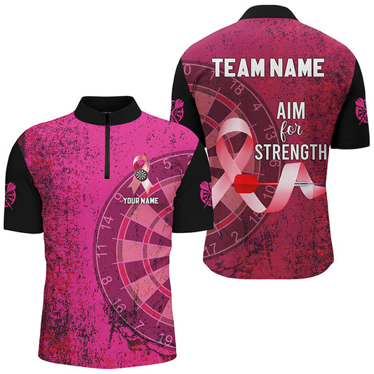 Individuelles Pink Ribbon Aim For Strength Herren Dart Shirt mit Viertelreißverschluss, Brustkrebs Dart Trikot TDM2508