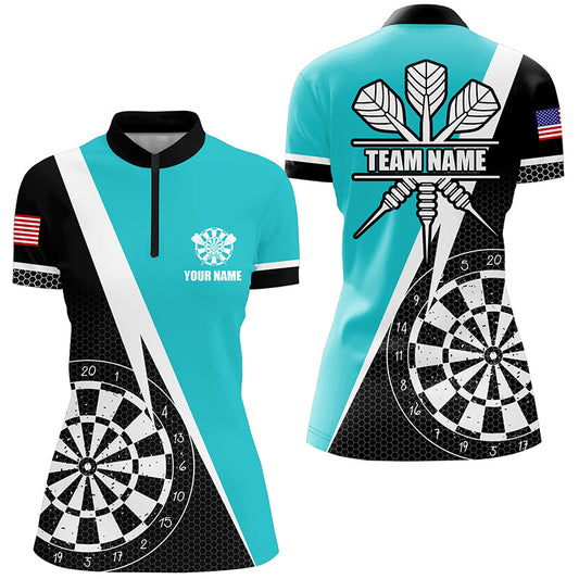 Individuelles Retro Dartboard türkises Dart Quarter Zip Shirt für Damen, Dart Team Uniform TDM1466