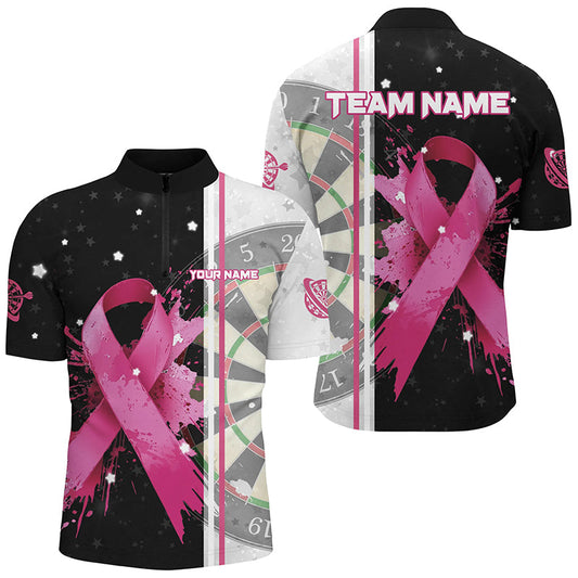 Individuelles Pink Ribbon Brustkrebs Dart Herren Shirt mit Viertelreißverschluss, Grunge Dart Trikot TDM2515