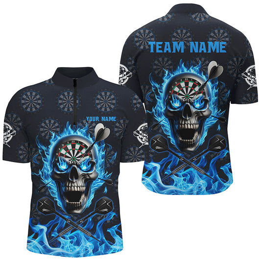 Individuelles Blaues Skull Fire Flame Dart Herren Shirt mit Viertelreißverschluss, Dart Trikot Für Team TDM2517