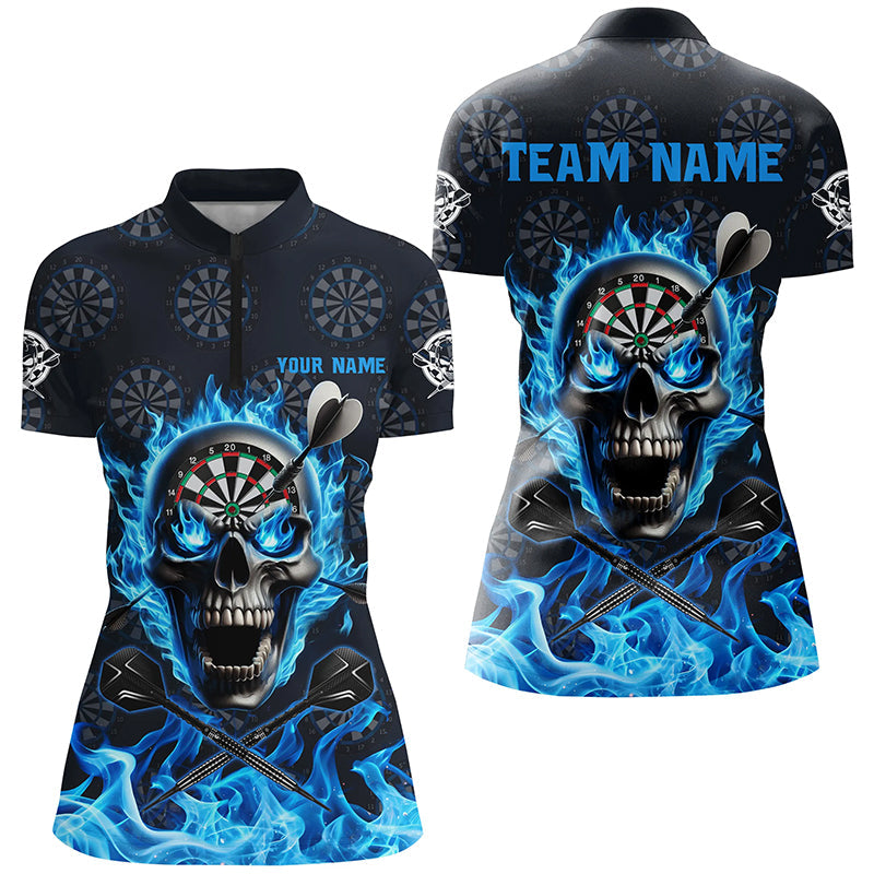 Individuelles Blaues Totenkopf Feuer Flamme Dart Damen Quarter Zip Shirt, Dart Trikot Für Team TDM2517