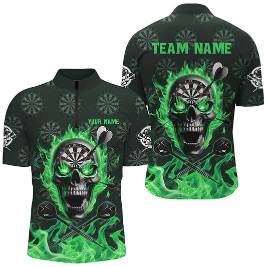 Individuelles Grünes Skull Fire Flame Dart Herren Shirt mit Viertelreißverschluss, Dart Trikot Für Team TDM2518