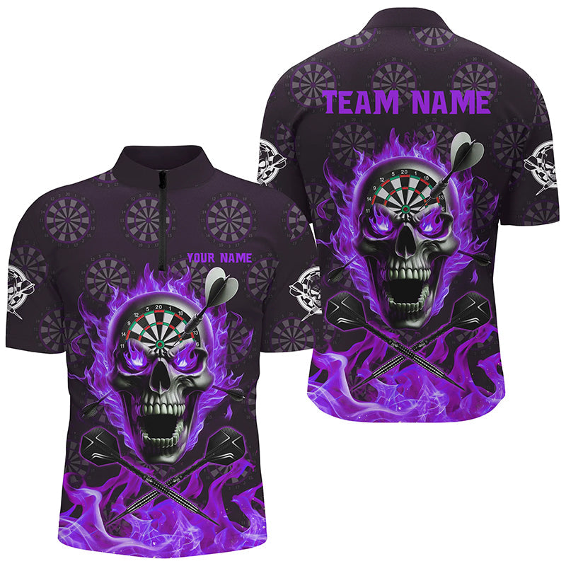 Individuelles Lila Skull Fire Flame Dart Herren Shirt mit Viertelreißverschluss, Dart Trikot Für Team TDM2519