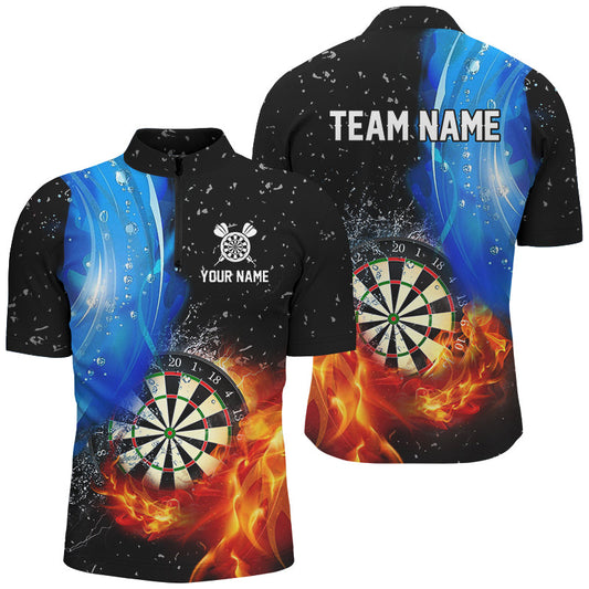 Individuelles Dartboard Fire und Water Dart Herren Shirt mit Viertelreißverschluss, Schwarzes Grunge Dart Trikot TDM2770