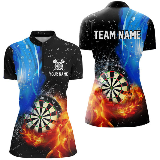Individuelles Dartboard Feuer Und Wasser Dart Damen Quarter Zip Shirt, Schwarzes Grunge Dart Trikot TDM2770