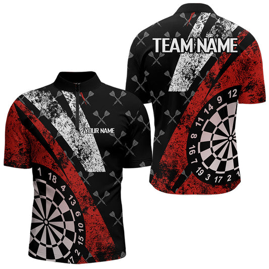 Individuelles Schwarz und Rot Grunge Dart Viertelreißverschluss Herren Shirt, Dart Shirt Dart Trikot TDM3447