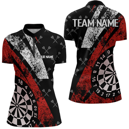 Individuelles Schwarz-Rot Grunge Darts Damen Quarter Zip Shirt, Darts Shirt Dart Trikot TDM3447