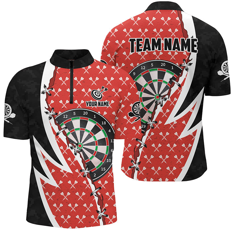 Individuelles Schwarz-Rotes Dartboard Herren Shirt mit Viertelreißverschluss, Dart Team Trikot TDM1256