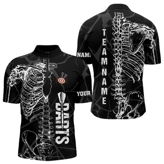 Individuelles Weißes Skelett Schwarzes Grunge Dart Viertelreißverschluss Herren Shirt – Lustige Dart Trikots TDM3746