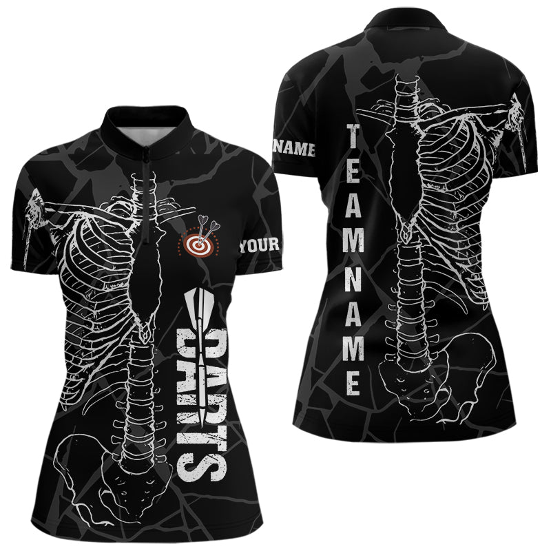 Individuelles Weißes Skelett Schwarzer Grunge Dart Damen Quarter Zip Shirt – Lustige Dart Trikots TDM3746