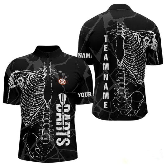 Individuelles Weißes Skelett Schwarzes Grunge Dart Viertelreißverschluss Herren Shirt – Lustige Dart Trikots TDM3746