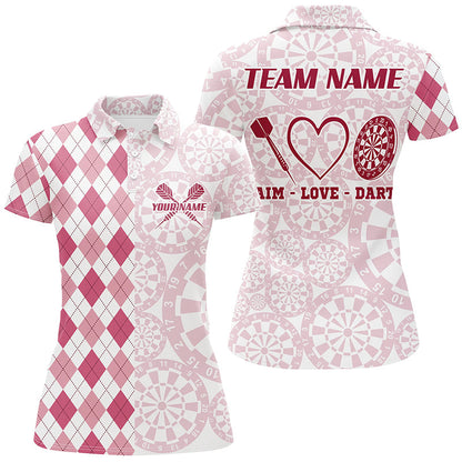 Pinkes Argyle „Aim Love“ Damen-Polo, lustiges personalisiertes Dart-Teamshirt TDM2529