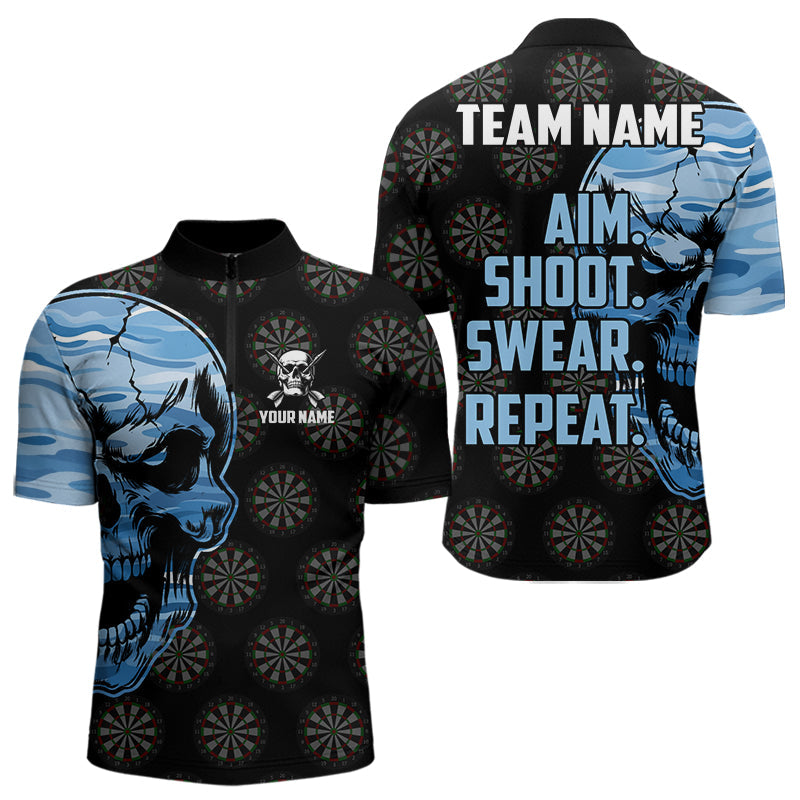 Individuelles Blaue Camo Dart Skull Ziel Schießen Fluchen Wiederholen Viertelreißverschluss Herren Shirt, Dart Trikot TDM3595