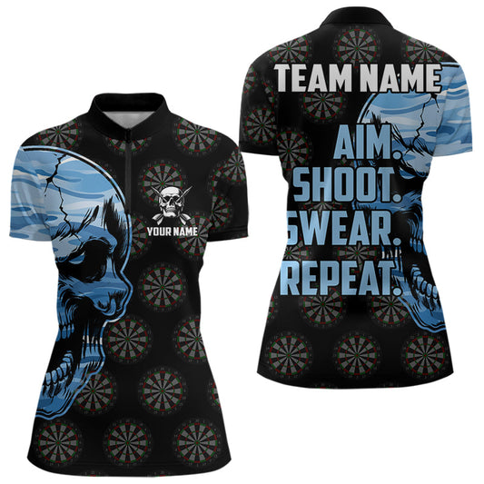 Individuelles Blau Camo Darts Schädel Ziel Schießen Fluchen Wiederholen Damen Quarter Zip Shirt, Dart Trikot TDM3595