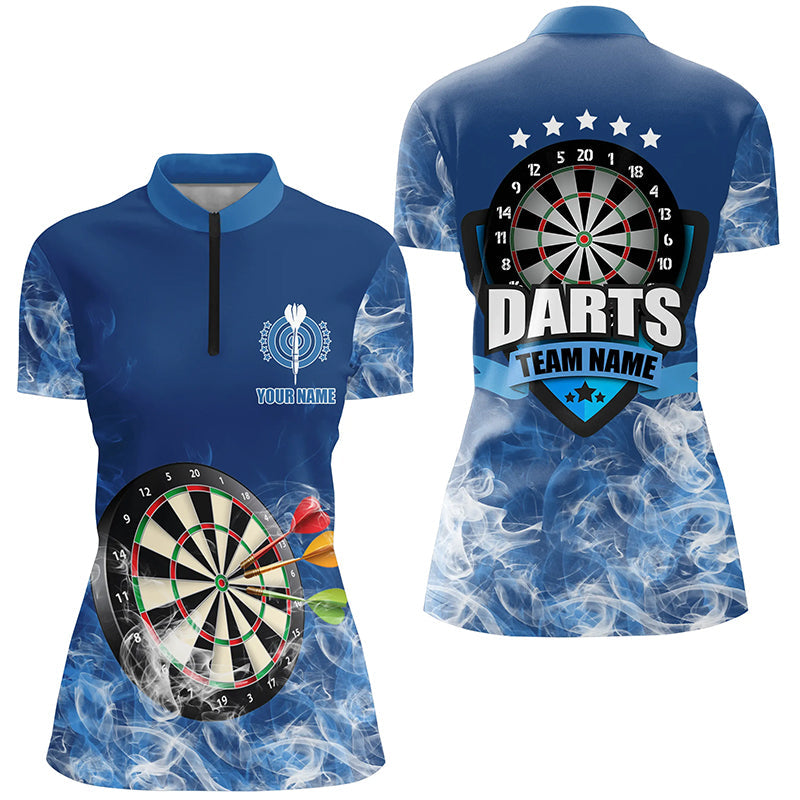 Individuelles Blaues Dartboard Rauch Damen Quarter Zip Shirt, Dart Team Name Trikot TDM1270