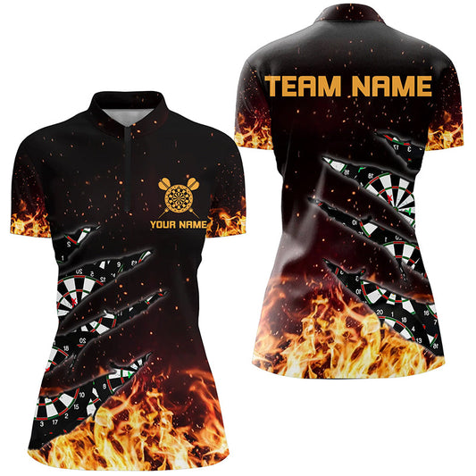 Individuelles Dartboard Feuer Flamme Damen Quarter Zip Shirt, Dart Spieler Shirts, Dart Trikot TDM1271