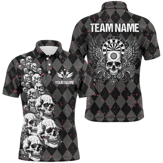 Individuelles Flügel-und-Totenschädel-schwarzes Argyle-Dart-Poloshirt für Herren, Lustiges Darttrikot TDM2781