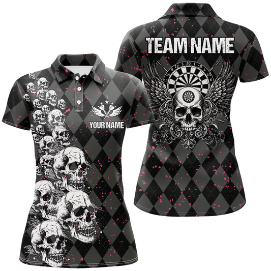 Individuelles Wings And Skull Schwarzes Argyle Dart Poloshirt für Damen, Lustiges Dart Trikot TDM2781