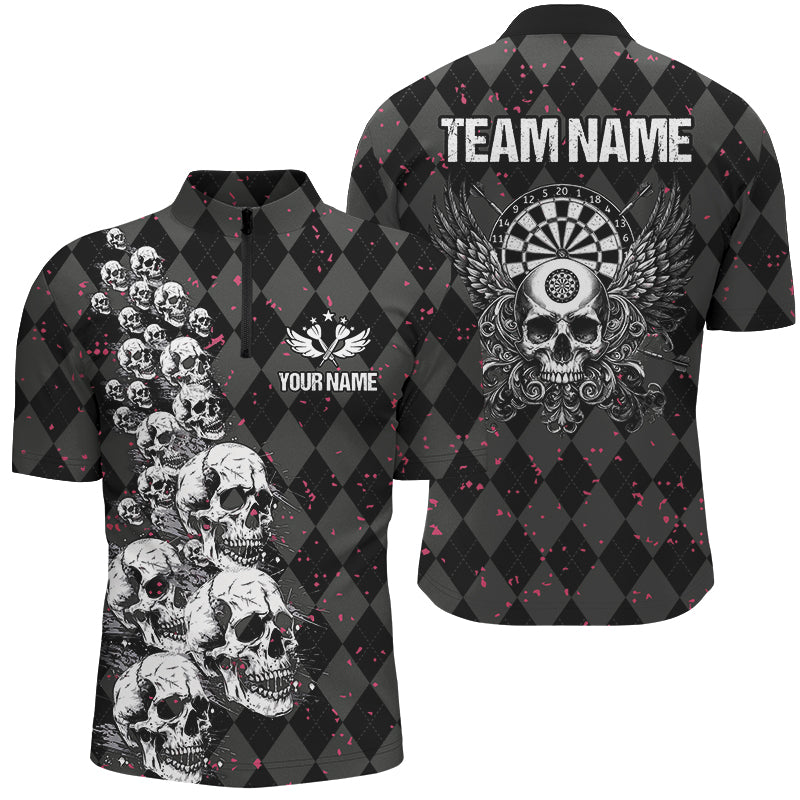 Individuelles Flügel und Schädel Schwarzes Argyle Dart Herren Shirt mit Viertelreißverschluss, Lustiges Dart Trikot TDM2781