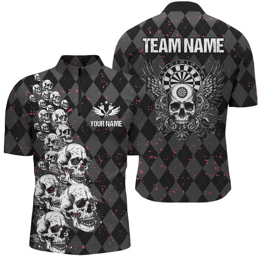 Individuelles Flügel und Schädel Schwarzes Argyle Dart Herren Shirt mit Viertelreißverschluss, Lustiges Dart Trikot TDM2781