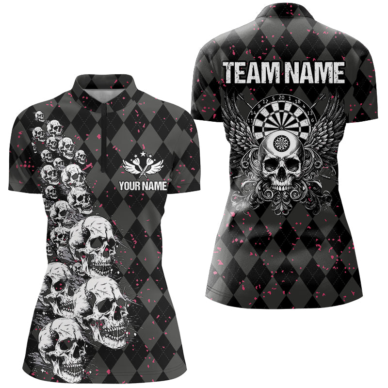 Individuelles Flügel Und Totenkopf Schwarzes Argyle Dart Damen Quarter Zip Shirt, Lustiges Dart Trikot TDM2781