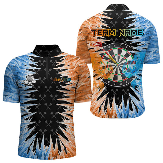Individuelles Orange und Blau Dartboard Icy Dart Viertelreißverschluss Herren Shirt – Dart Trikots TDM3757