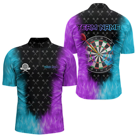 Individuelles Blau und Lila Dartboard Feuerflamme Dart Viertelreißverschluss Herren Shirt – Dart Trikot TDM3759