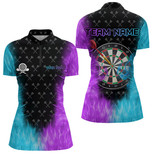 Individuelles Blau und Lila Dartbrett Feuerflamme Dart Damen Quarter Zip Shirt – Dart Trikot TDM3759