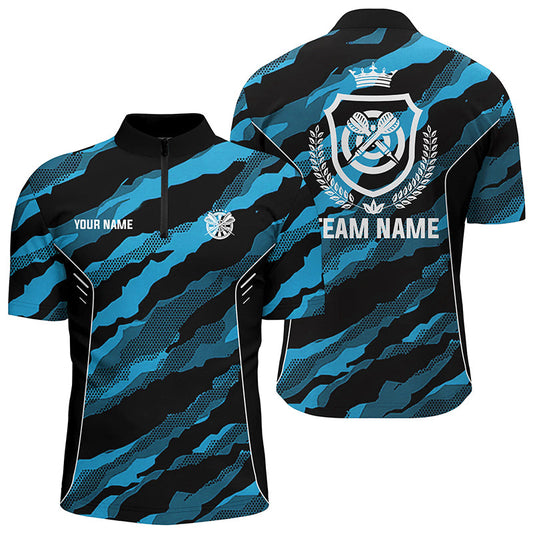 Individuelles Blaues Camo Dart Herren Shirt mit Viertelreißverschluss, Camouflage Dart Team Trikot TDM2547