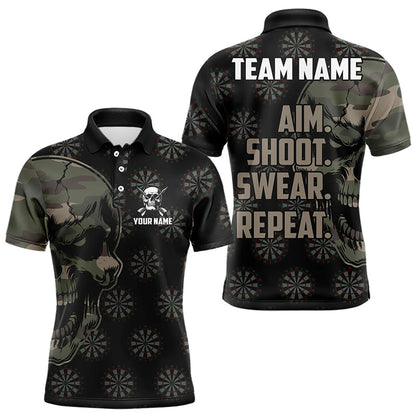 Lustige Camo Darts Schädel Zielen Schießen Fluchen Wiederholen Maßgeschneiderte Herren Dartshirts, Vintage Darttrikots TDM3266