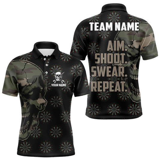 Lustige Camo Darts Schädel Zielen Schießen Fluchen Wiederholen Maßgeschneiderte Herren Dartshirts, Vintage Darttrikots TDM3266