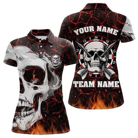 Personalisierte Rote Leuchtende Feuer Riss Totenkopf Dartshirts, gruselige Dartshirts für Damen TDM3267