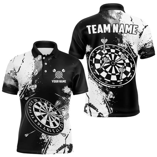 Grunge-schwarz-weißes Dart-Poloshirt für Herren, individuelle Dartshirts, Retro-Darttrikots TDM3271