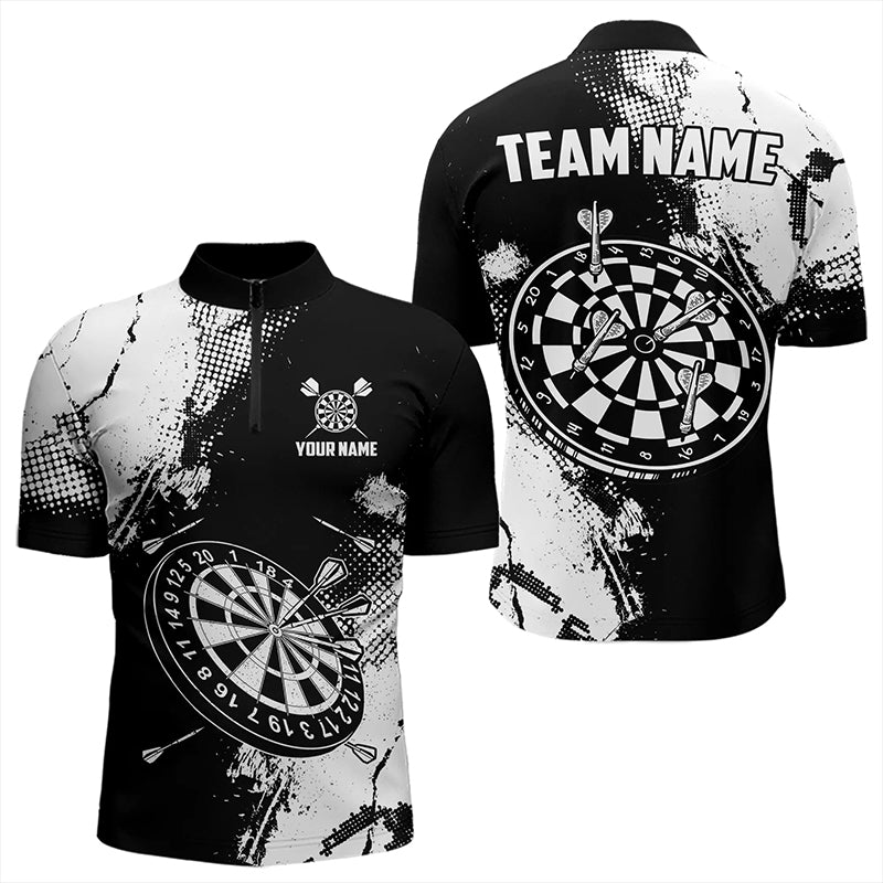 Grunge Schwarz und Weiß Dart Herren Shirt mit Viertelreißverschluss, Individuelles Dart Shirts, Retro Dart Trikots TDM3271