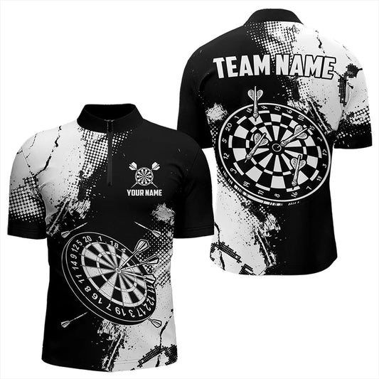 Grunge Schwarz und Weiß Dart Herren Shirt mit Viertelreißverschluss, Individuelles Dart Shirts, Retro Dart Trikots TDM3271