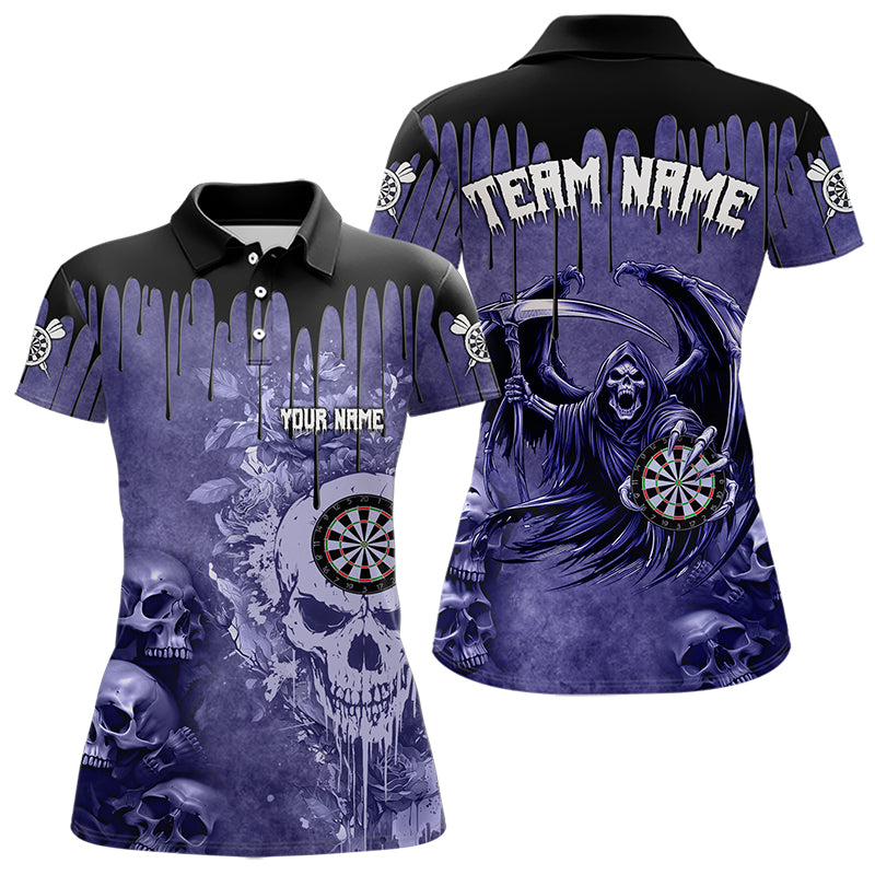 Individuelle Lila Gothic-Schädel Darts-Poloshirts für Damen, Cooles Dart-Trikot-Team TDM3463