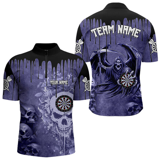 Individuelles Lila Gothic Skull Dart Viertelreißverschluss Herren Shirt, Cool Dart Trikot Team TDM3463
